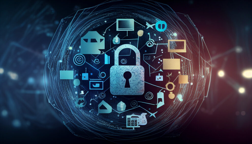 Digital lock surrounded by cybersecurity and technology icons representing online protection and data security.