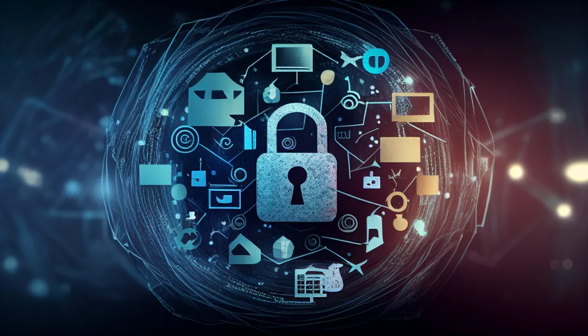 Digital lock surrounded by cybersecurity and technology icons representing online protection and data security.