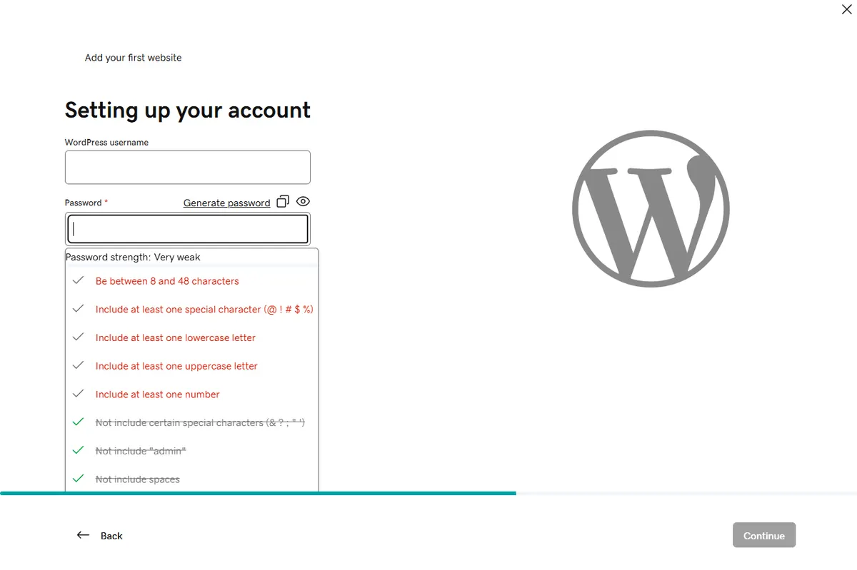 GoDaddy WordPress account setup screen. The password rules say: be between 8 and 48 characters, and include at least one special character, one lowercase letter, one uppercase letter, and one number.