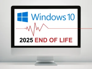 A computer monitor showing the Windows 10 logo with the text '2025 END OF LIFE'. A red EKG heart monitor line is shown going from a heartbeat to a flatline, symbolizing the end of support.