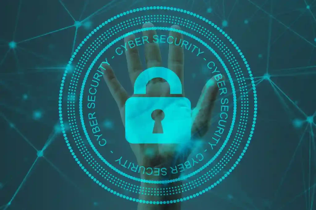A digital padlock icon floats over an open hand, encircled by the words "CYBER SECURITY" to represent online safety.