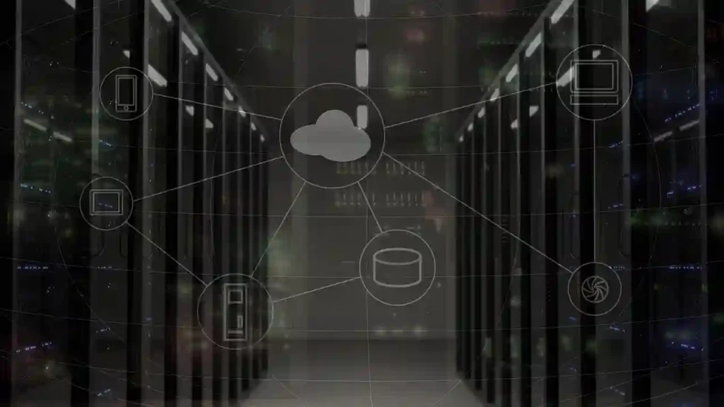A data center server room aisle with a digital overlay showing a cloud computing network connecting devices and a database.