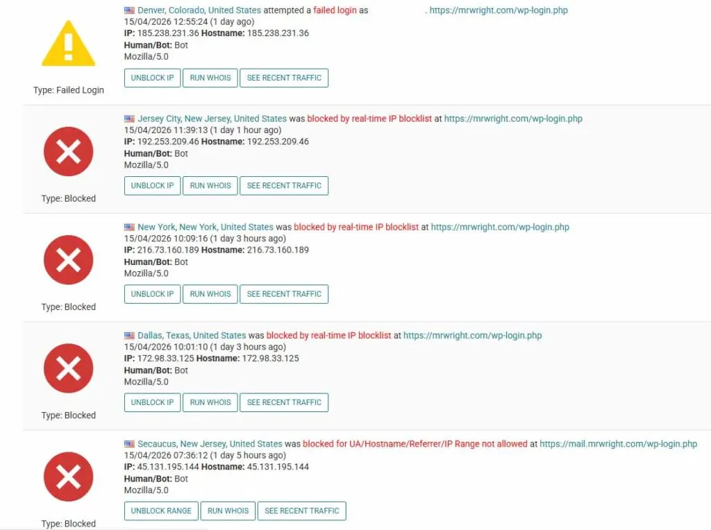 Real WordPress security log showing blocked bot login attempts from multiple US cities