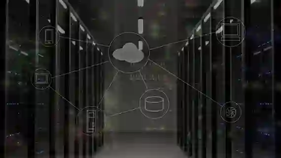 A data center server room aisle with a digital overlay showing a cloud computing network connecting devices and a database.